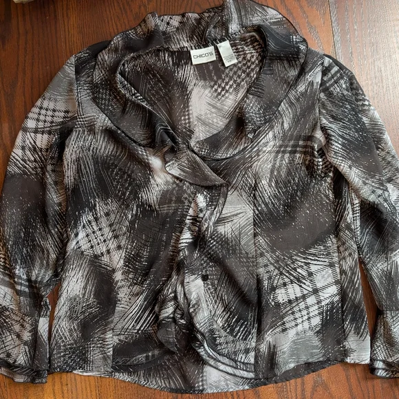 Chico's Sheer Black White Bell Sleeves Size 1 Ruffled Blouse Y2K 90s Artsy - Picture 8 of 9